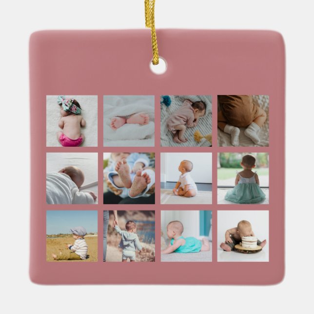 Babys erstes Jahr Foto Collage Geburtsstunde rosa Keramikornament (Vorderseite)
