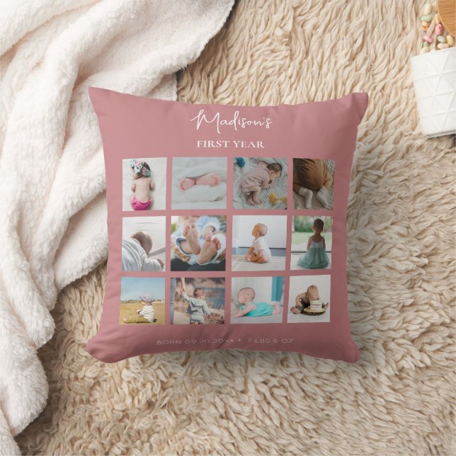 Babys erstes Jahr Foto Collage Geburtsstunde rosa Kissen (Decke)