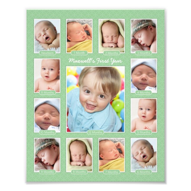 Babys erstes Jahr grüner Keepake FotoCollage Fotodruck (Vorne)