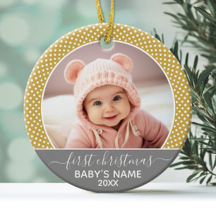 Babys erstes Weihnachten - grau gelbe Punkte Keramik Ornament