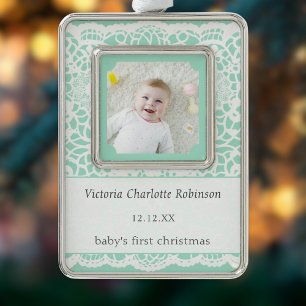 Baby's erstes Weihnachten Mintgrüne Spitze Foto Rahmen-Ornament Silber