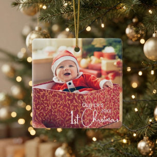 Baby's erstes Weihnachten Rot Gold Santa Foto Schm Keramikornament