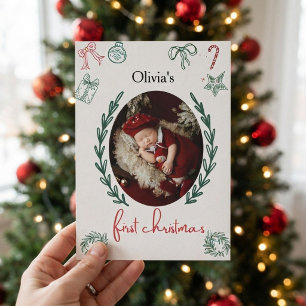 Baby's erstes Weihnachten Rot & Grün Foto Karte