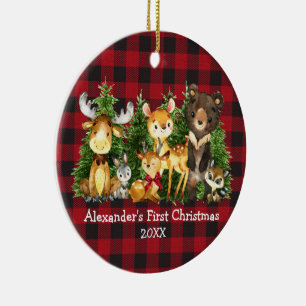 Baby's erstes Weihnachten Tiere Hirsch FOTO Plaid Keramik Ornament