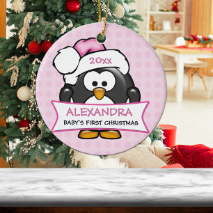 Baby's erstes Weihnachts-Pinguin - Rosa Keramik Ornament