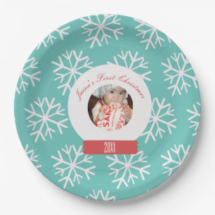 Baby's erstes Weihnachts-Schneeglobus-Schneeflocke Pappteller
