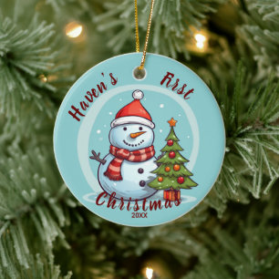 Baby's erstes Weihnachts-Schneemann-Ornament Keramik Ornament