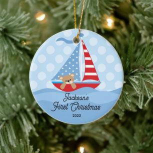 Baby's erstes Weihnachts-Segelschiff-Foto Keramik Ornament