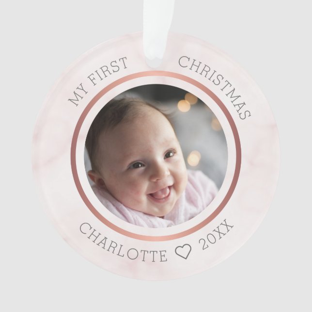 Babys erstes Weihnachtsfest-Foto Moderne rosa Marm Ornament (Vorderseite)