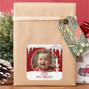 Babys erstes Weihnachtsfest-Foto Quadratischer Aufkleber