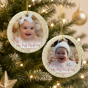 Babys erstes Weihnachtsfest Schrift 2 Fotos Gold Keramik Ornament