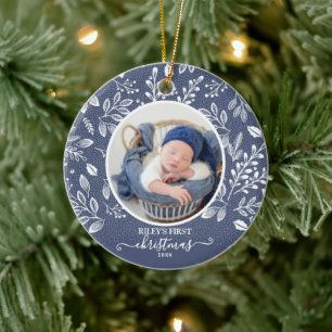 Baby's erstes Weihnachtsfoto Blau Keramik Ornament