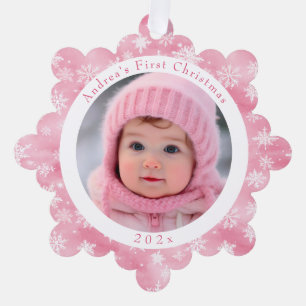Baby's erstes Weihnachtsfoto in Rosa Schneeglöckch Ornament Karte
