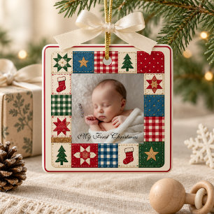 Baby's erstes Weihnachtsfoto-Patchwork-Keramik Keramikornament