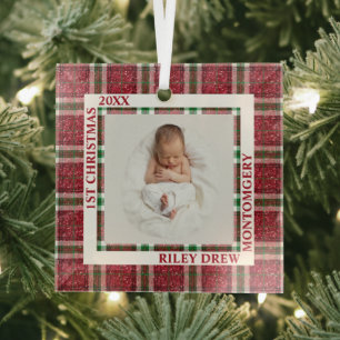 Baby's erstes Weihnachtsfoto Plaid Ornament Aus Glas