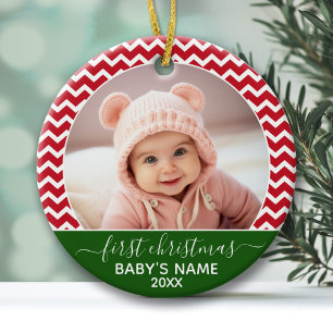 Baby's erstes Weihnachtsfoto rote Chevron grün Keramik Ornament
