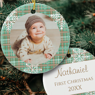 Baby's erstes Weihnachtsfoto Sage Plaid Schneemflo Keramik Ornament