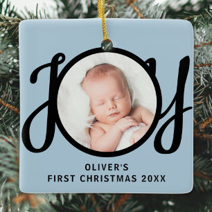 Baby's erstes Weihnachtsfoto schwarze Schrift blau Keramikornament
