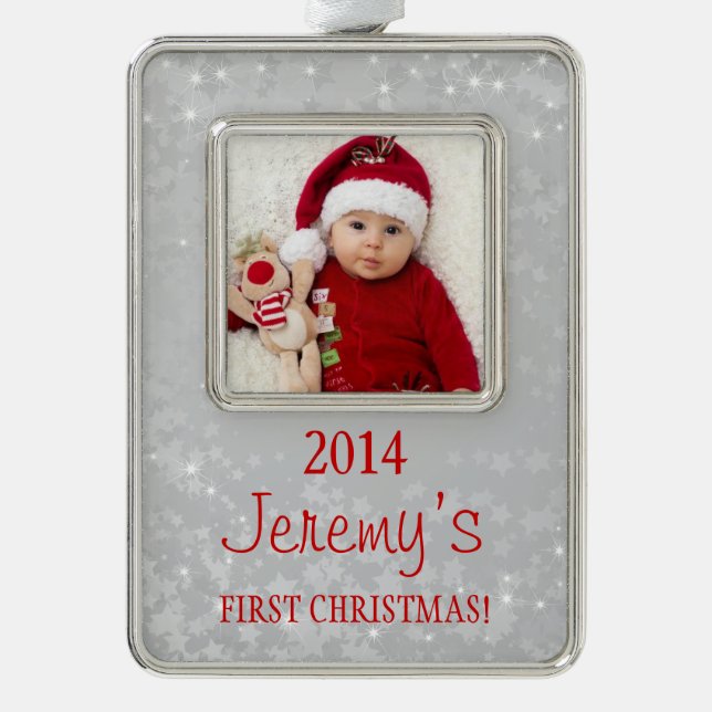 Baby's erstes Weihnachtsfoto Template Silver Red Rahmen-Ornament Silber (Vorderseite)
