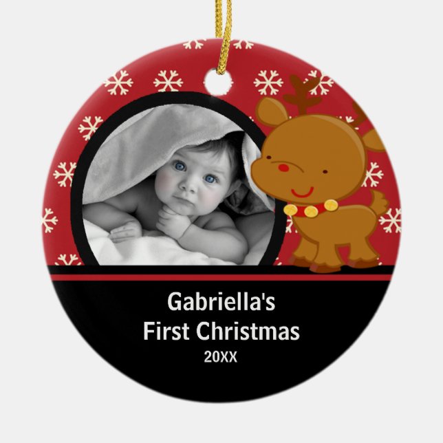 Babys erstes WeihnachtsFoto-Verzierungs-Ren Keramik Ornament (Vorne)