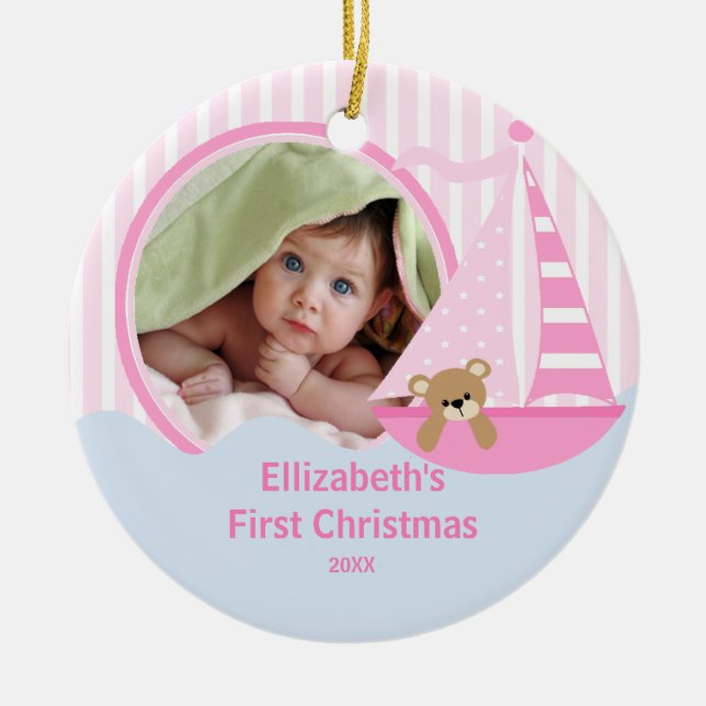 Babys erstes WeihnachtsFoto-Verzierungs-Segelboot Keramikornament (Vorne)