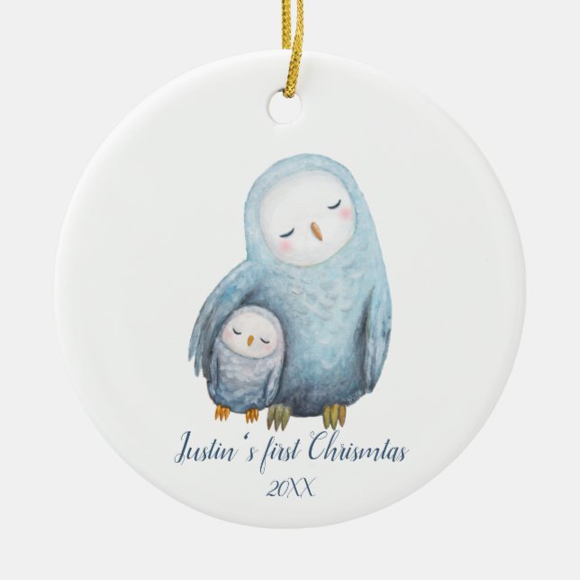 Baby's erstes Weihnachtsgeschenk Snowy Owl Mama Ba Keramik Ornament (Vorne)