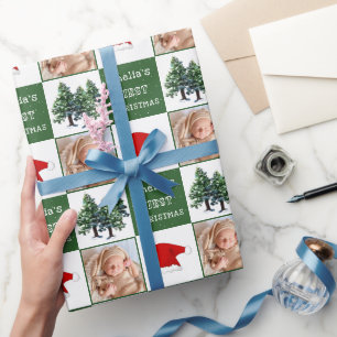 Baby's erstes Weihnachtsmann-Hut-Schnee-Baum-Foto Geschenkpapier