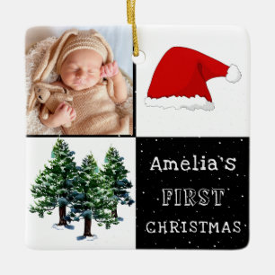 Baby's erstes Weihnachtsmann-Hut-Schnee-Baum-Foto Keramikornament