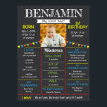 Baby's First Birthday Foto Poster<br><div class="desc">Dieses Plakat ist eine niedliche Ergänzung zur ersten Geburtstagsfeier deines Kindes. Der Hintergrund ist kohlegrau und in hellen Farben dekoriert. Fügen Sie ein Foto Ihres Kindes hinzu und personalisieren Sie das Poster mit all seinen Favoriten und Meilensteinen.</div>