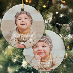 Babys First Christmas 2 Foto Custom Keramik Ornament<br><div class="desc">Feiern Sie das erste Weihnachtsfest des Babys mit einem zweiseitigen Weihnachtsschmuck. Auf der Vorderseite finden Sie eine Fotovorlage und "Mein 1. Weihnachten", ein Ort für den Namen Ihres Sohnes oder Ihrer Tochter und das Jahr. Auf der Rückseite können auch die zweite Bildvorlage und die Geburtsdaten Ihres Babys hinzugefügt werden. Der...</div>