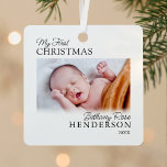 Baby's First Christmas 2 Foto Ornament Aus Metall<br><div class="desc">Personalisierte neue Weihnachtsschmuck mit modernem weißem Hintergrund,  ein Foto auf beiden Seiten ihres neuen Babys,  das Sprichwort "meine ersten Weihnachten",  der Name des Kinder und das Jahr.</div>