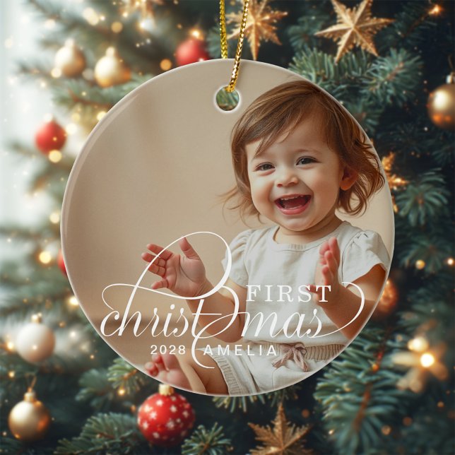 Baby's First Christmas Baby Photo Name Keramik Ornament (Von Creator hochgeladen)