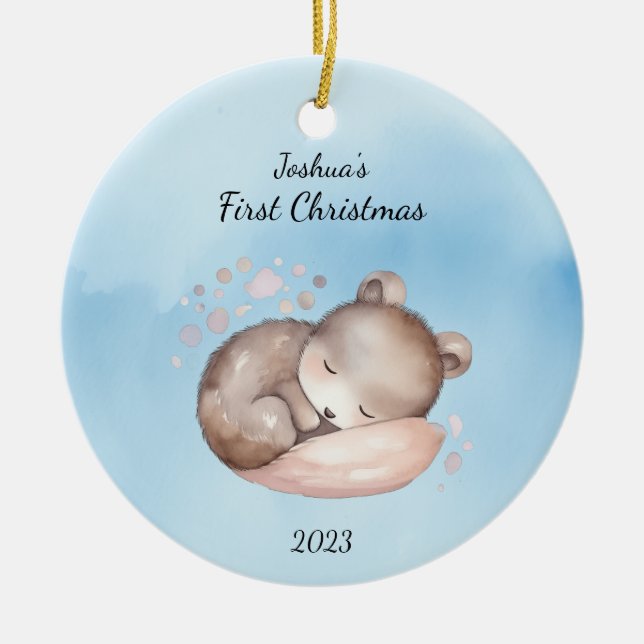 Baby's First Christmas Bear Blue Personalisiert Keramik Ornament (Vorne)