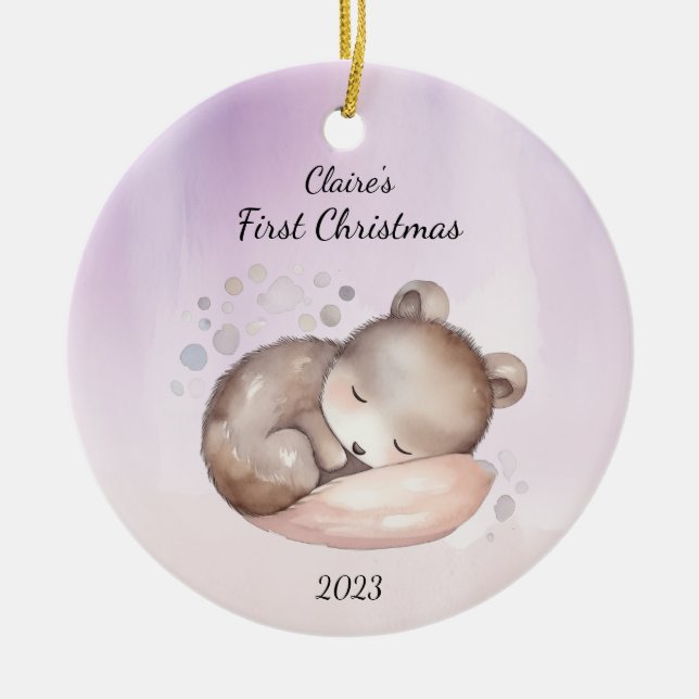 Baby's First Christmas Bear Personalisiert Keramik Ornament (Vorne)
