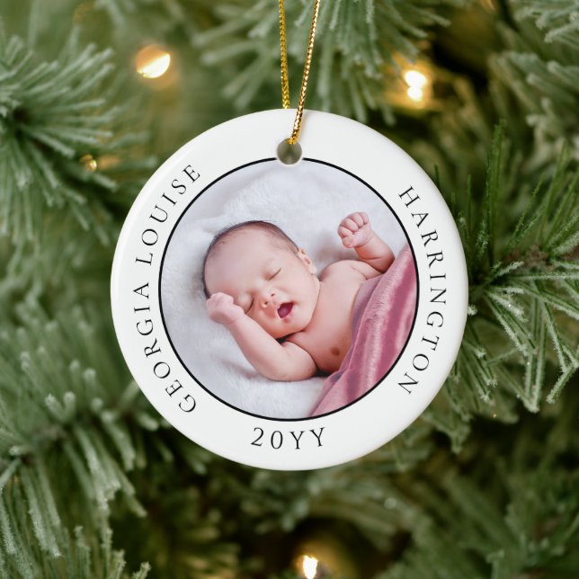 Baby's First Christmas Birth Stats Foto Keepake Keramik Ornament (Baum)