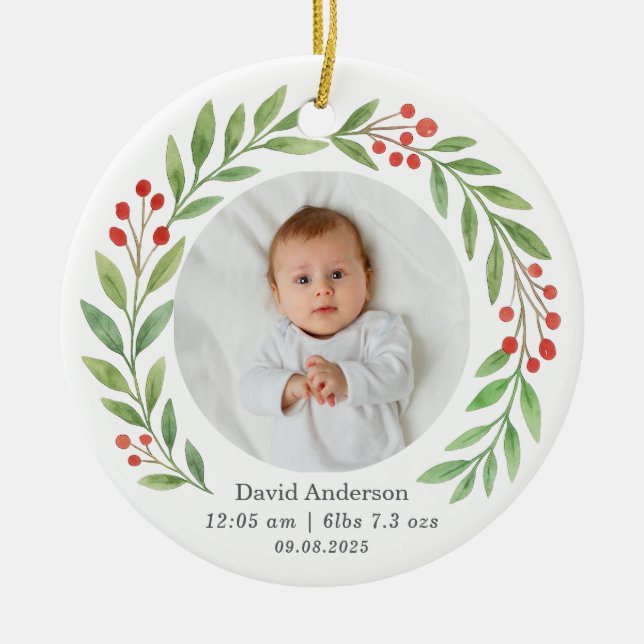 Baby's First Christmas Birth Stats Foto Keepake Keramik Ornament (Vorne)