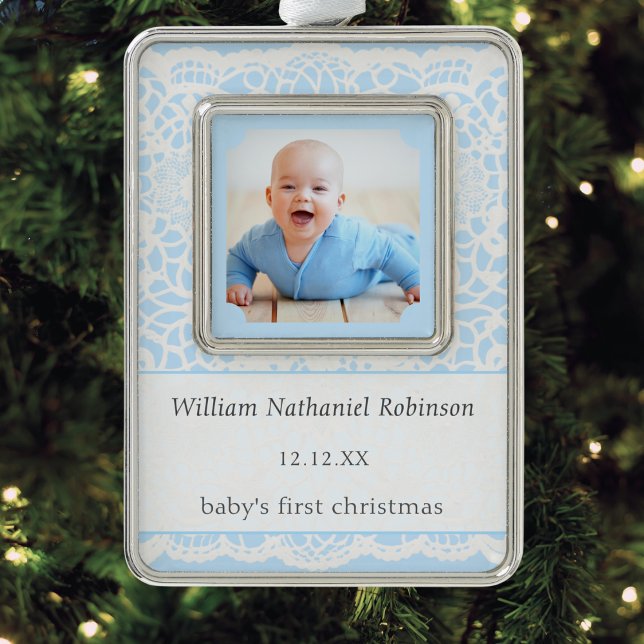 Baby's First Christmas Blue White Lace Photo Rahmen-Ornament Silber (An ornament for Baby's First Christmas, with custom photo and text, in blue with white lace effect)
