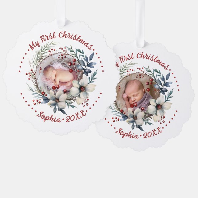 Baby's First Christmas Blumenkranz Foto Ornament Karte (Vorderseite/Rückseite)