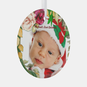 Baby's First Christmas Blumenreath Custom Foto Ornament Aus Glas