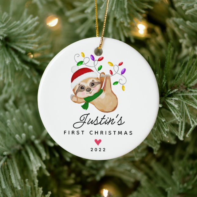 Baby's First Christmas Boy Sloth 2 Sided Foto Keramik Ornament (Baum)