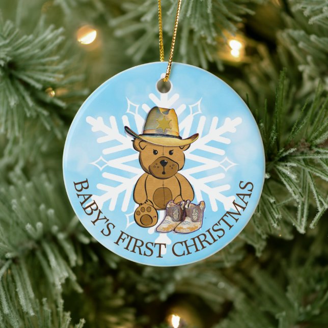 Baby's First Christmas Cowboy und Teddy Bear Keramik Ornament (Baum)
