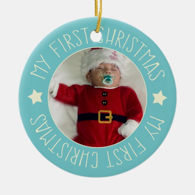 Baby's First Christmas Custom Foto Blue Keramik Ornament (Vorne)
