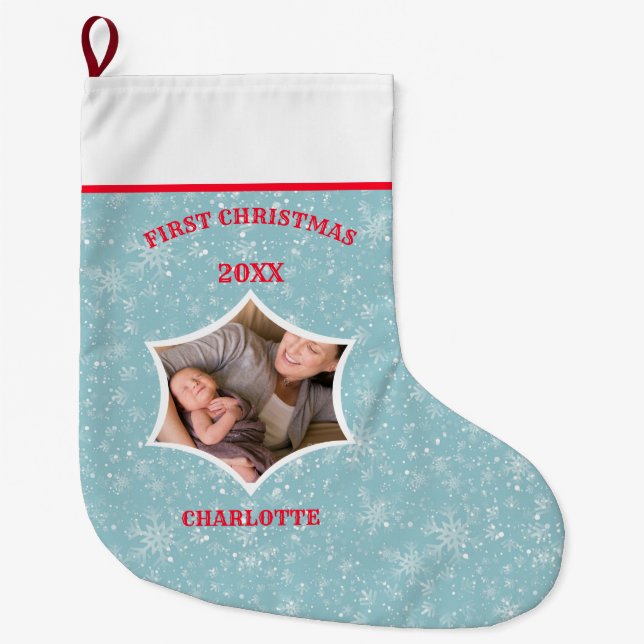 Baby's First Christmas Custom Foto Großer Weihnachtsstrumpf (Vorderseite)
