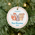 Baby's First Christmas Custom Foto Niedliche Tiere Keramik Ornament<br><div class="desc">Feiern Sie mit diesem niedlichen Weihnachtsgeschmack das erste Weihnachtsfest Ihres Fotos. Es ist auf einer Seite mit handgezeichneten niedlichen Waldtieren und goldenen Sternen auf weißem Hintergrund dekoriert. Auf der anderen Seite können Sie ein Foto Ihres neuen Babys personalisieren. Der Text ist blau. In meinem Laden ist eine rosa Version. Original...</div>