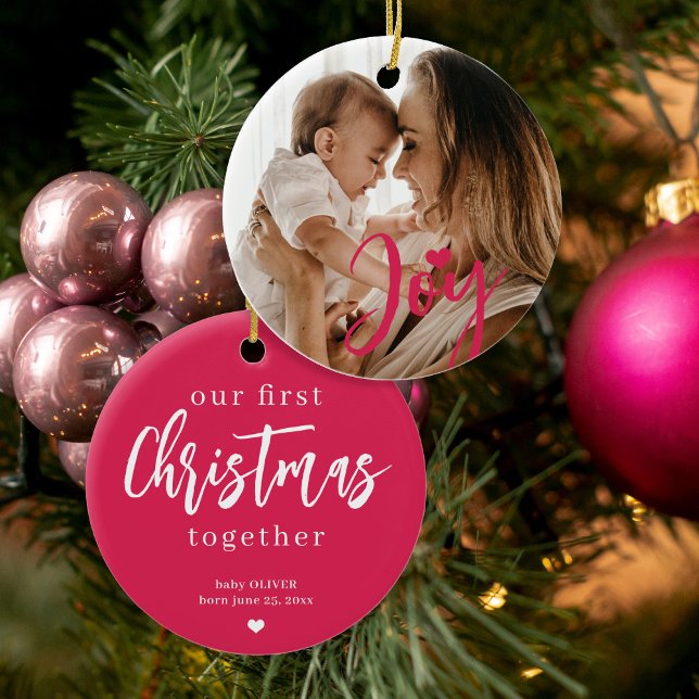 Baby's First Christmas Custom Foto pink Freudenher Keramik Ornament (Von Creator hochgeladen)
