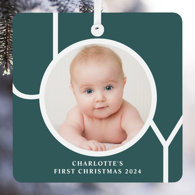 Baby's First Christmas Custom Keepake Foto Green Ornament Aus Metall (Von Creator hochgeladen)