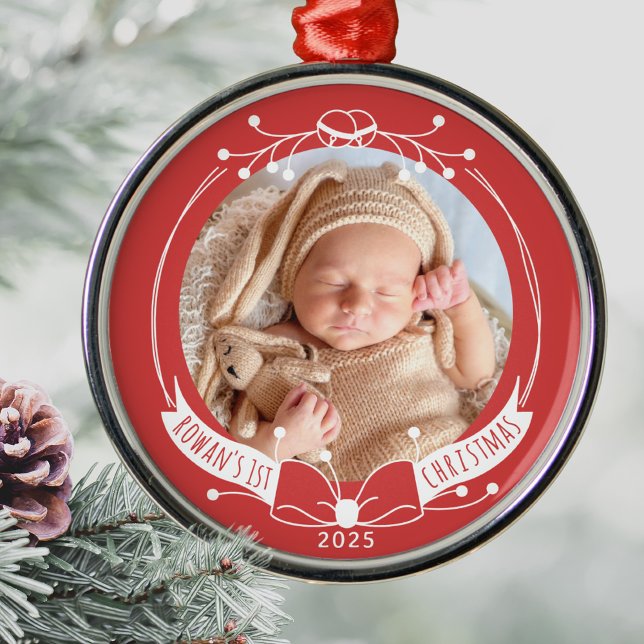 Baby's First Christmas Custom Name Year Photo Ornament Aus Metall (Baby's First Christmas Photo Ornament, Personalized Name Year, Minimalist Line Art Custom Keepsake)