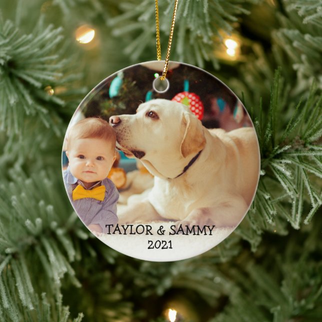 Baby's First Christmas Cute Custom Photo Name Year Keramik Ornament (Baum)