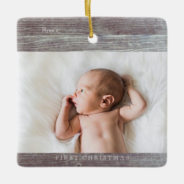 Baby's First Christmas Dark Wood Picture Monogram2 Keramikornament (Vorderseite)