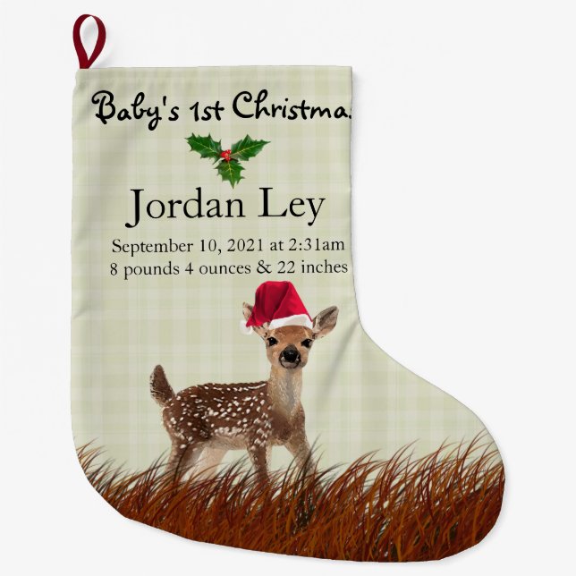 Baby's First Christmas Deer Fawn Großer Weihnachtsstrumpf (Vorderseite)